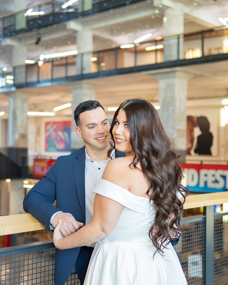 Engaged couple inside Crosstown Concourse, Memphis