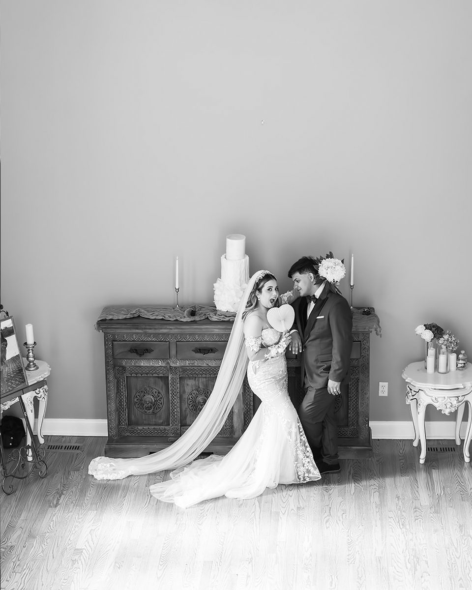 Bride with her veil at an Eads, TN estate wedding, black and white
