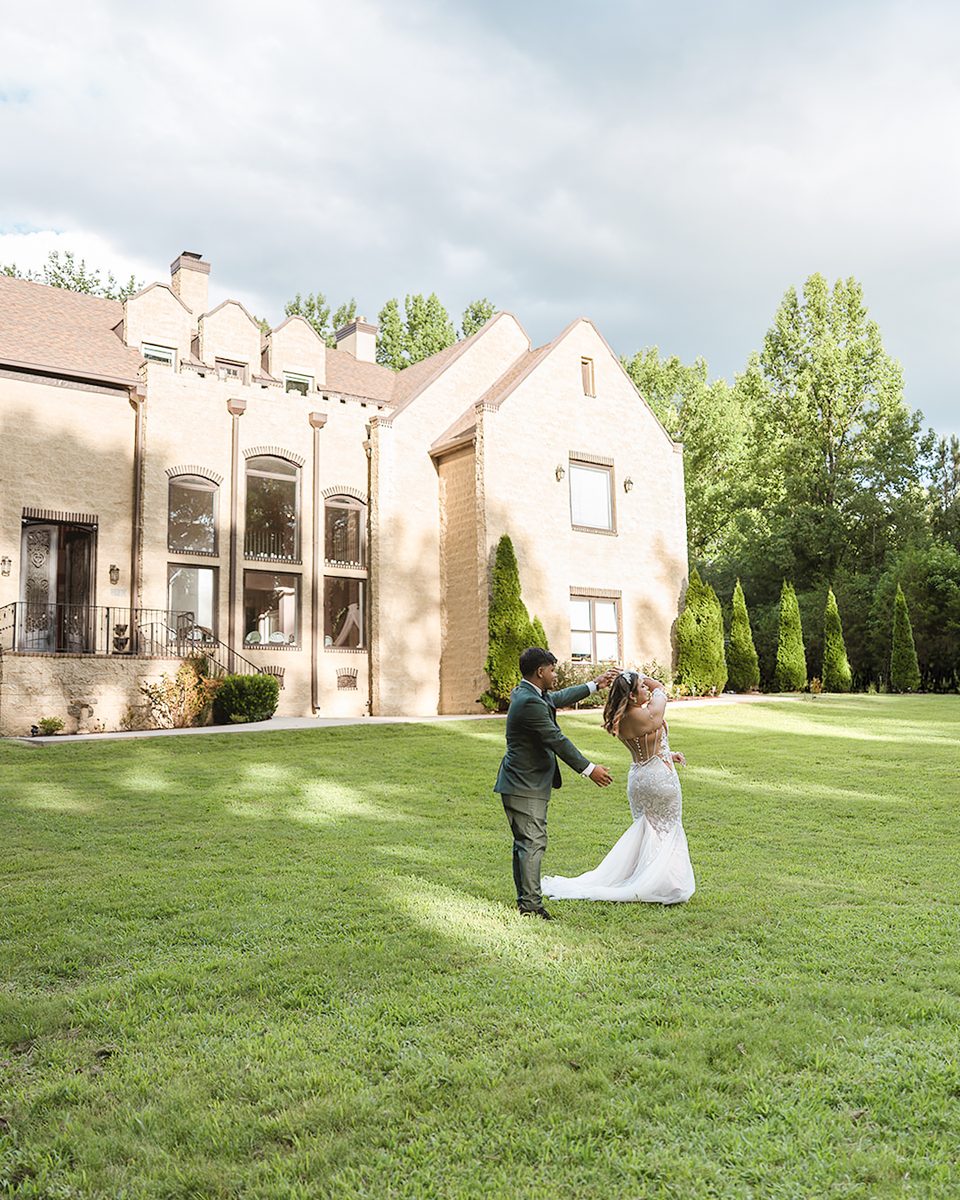 Bride and groom on the lawn at an Eads, TN estate wedding