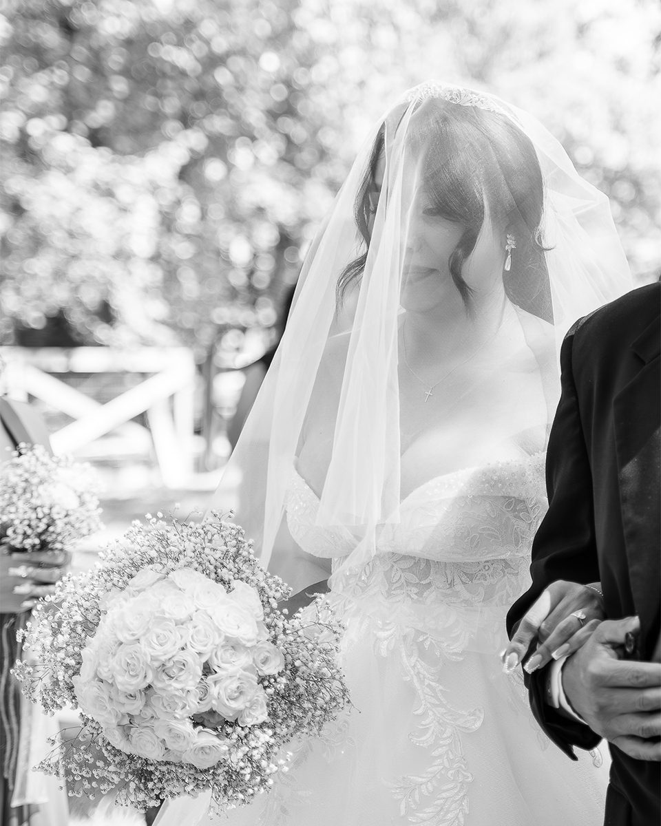 Black and white bride with bouquet