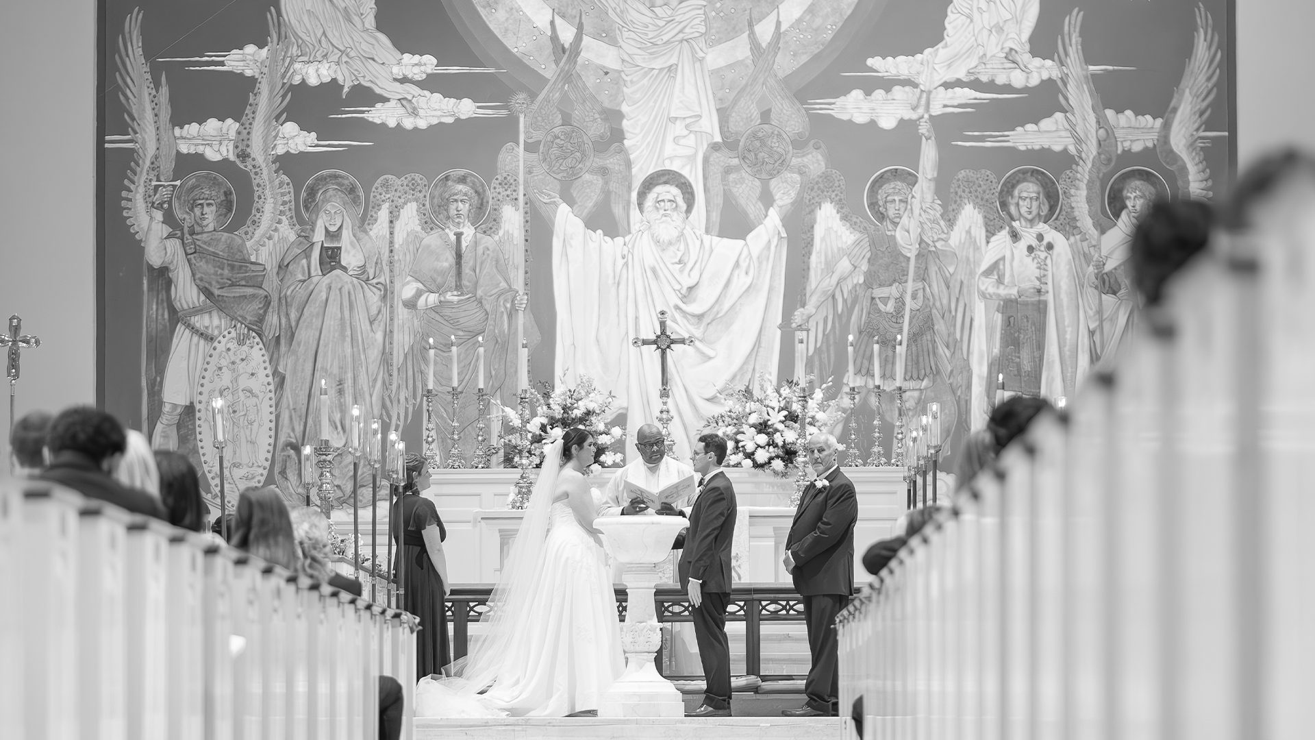 Black and white church wedding