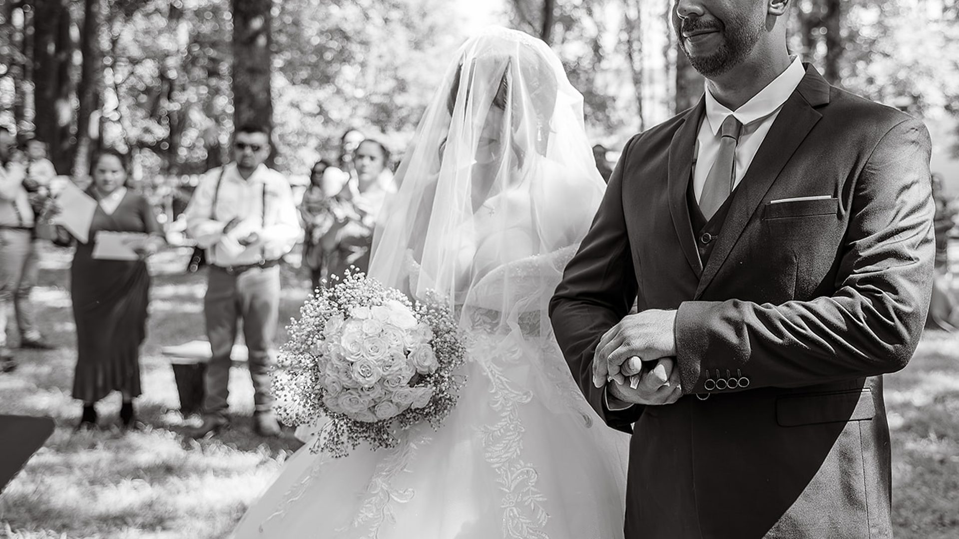 Memphis wedding bride and groom walking down the aisle in black and white