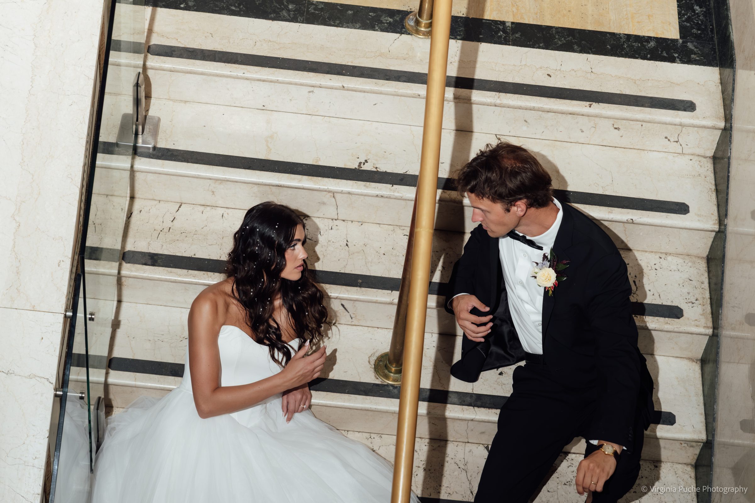 Memphis bride and groom during their first look on the stairs