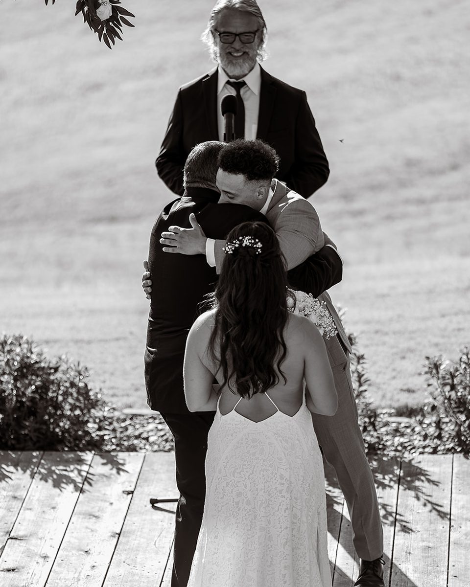 Intimate ceremony at a Robinshaw elopement, black and white